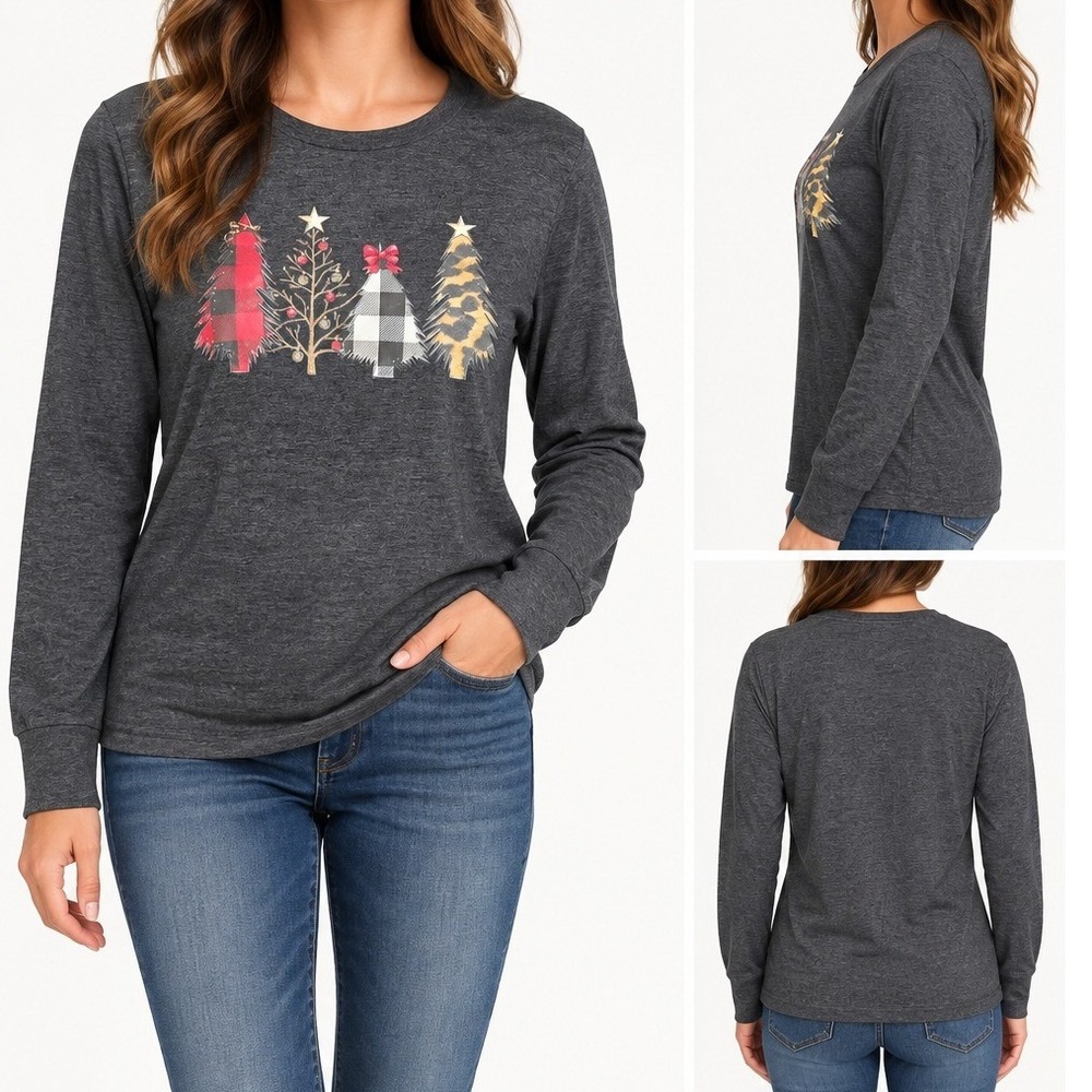 Bella + Canvas Women Christmas Trees Graphic Tee Cotton Blend Holiday Casual L
